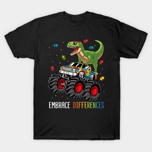 Dinosaur Monster Truck Embrace Differences Autism Awareness T-Shirt